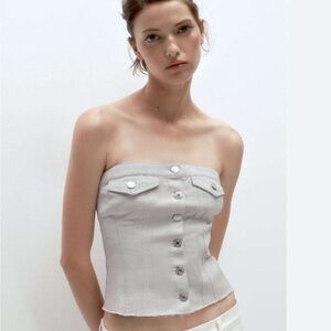 NWT Zara Demim Gray Button-Up Corset Top